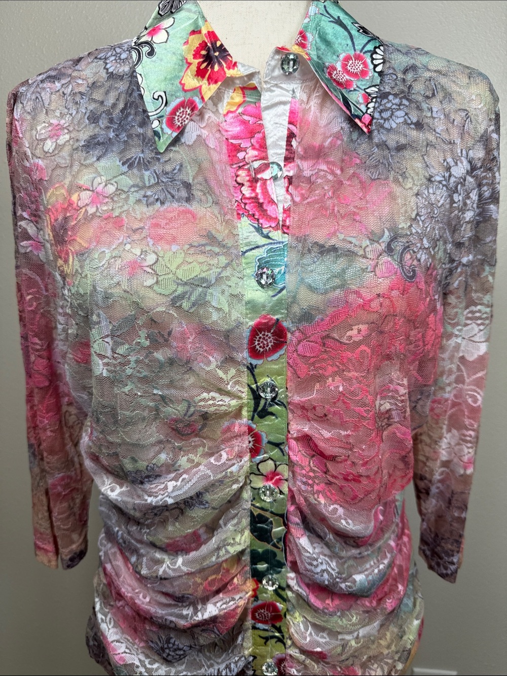 Vtg Y2K Ruched Lace Floral Top XL -Read Sheer Button Up Watercolor Fairycore NEW